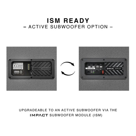 HELIX IMPACT subwoofer with interchangeable ISM module, allowing an upgrade from passive to active DSP-powered operation.