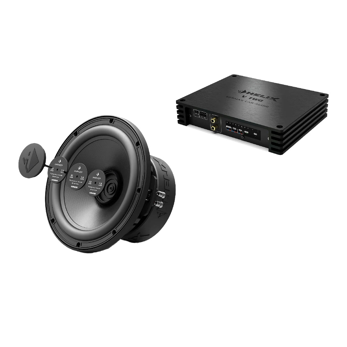 HELIX IQ W10-DVC2 10-inch subwoofer with 2-channel amplifier for a configurable 750W RMS boot audio package