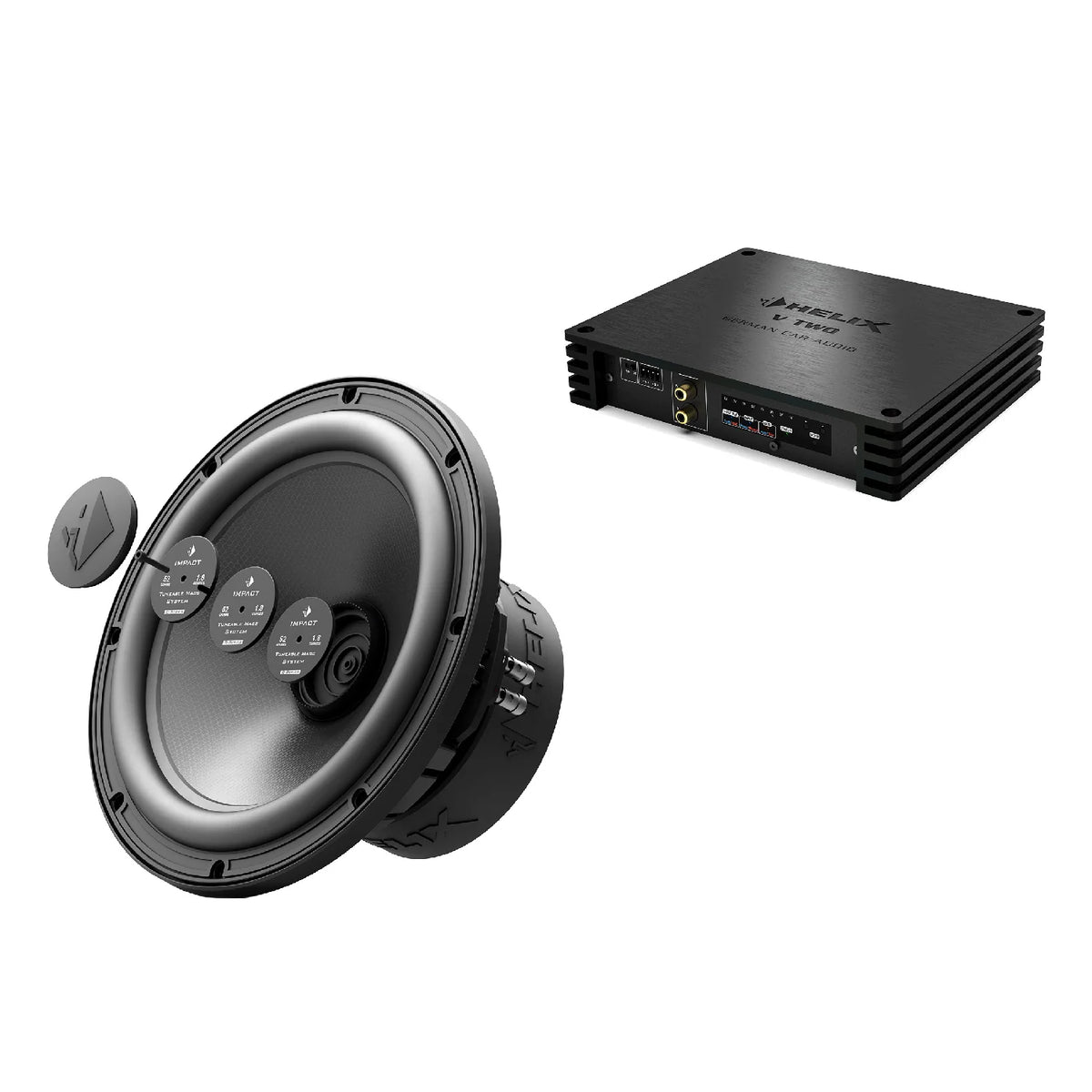 HELIX IQ W12-DVC2 12-inch 750W RMS subwoofer driver with 2-channel amplifier for a configurable boot audio package