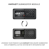 HELIX ISM 400.2DSP graphic showing conversion of a passive 2x2Ω IMPACT enclosure into an active DSP subwoofer