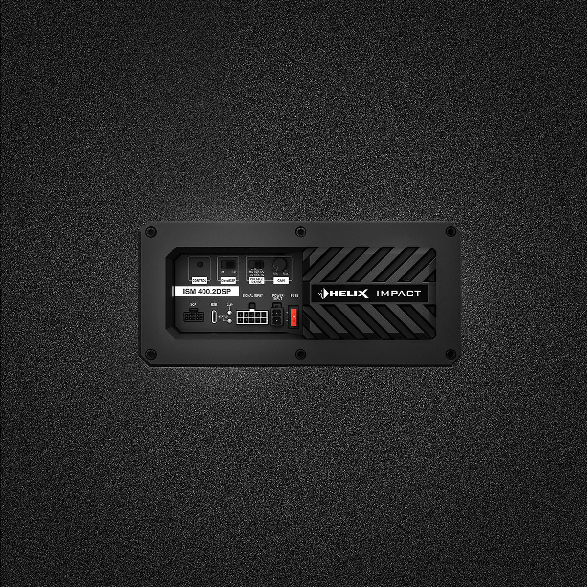 HELIX ISM 400.2DSP installed in a HELIX IMPACT subwoofer enclosure as an integrated active DSP amplifier module