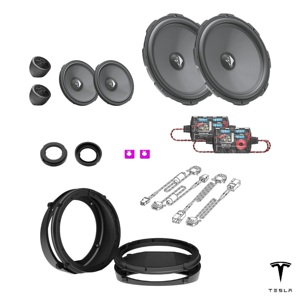 HELIX Ci3 front speakers, FlexMount adapters, crossovers and wire kits for the Tesla Model X 60D/75D package
