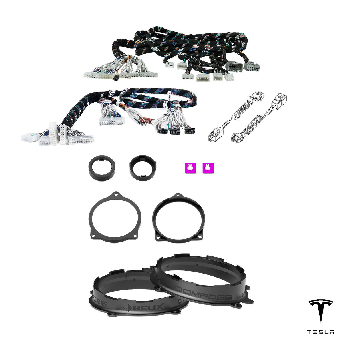 Radio-specific T-harness and FlexMount adapters for the Tesla Model Y Juniper HELIX Ci3 DSP upgrade