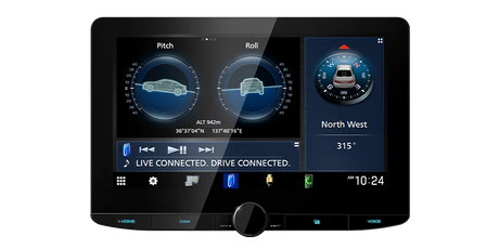 Kenwood DMX9724XDS front view with 10.1-inch touchscreen displaying vehicle pitch, roll and compass information