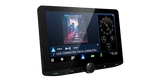 Kenwood DMX9724XDS angled display showing navigation, music playback and vehicle gauge information on split screen