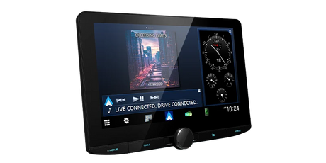 Kenwood DMX9724XDS angled display showing navigation, music playback and vehicle gauge information on split screen