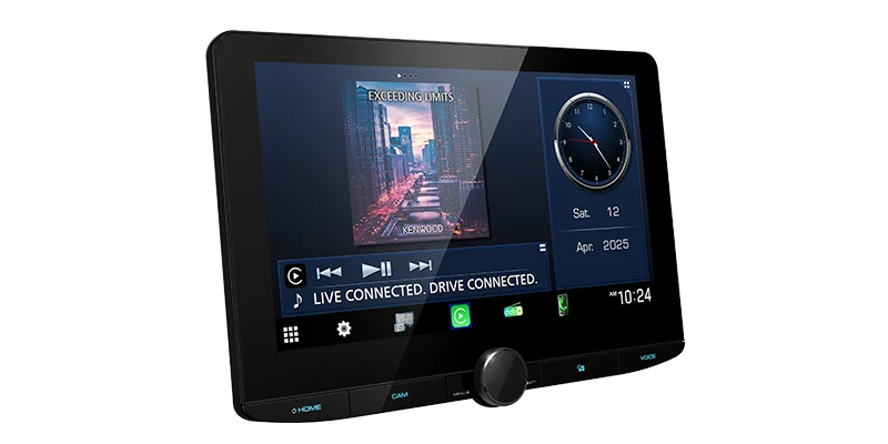 Kenwood DMX9724XDS angled view showing music playback and clock widgets on the 10.1-inch floating touchscreen