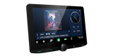 Kenwood DMX9724XDS angled view showing music playback and clock widgets on the 10.1-inch floating touchscreen