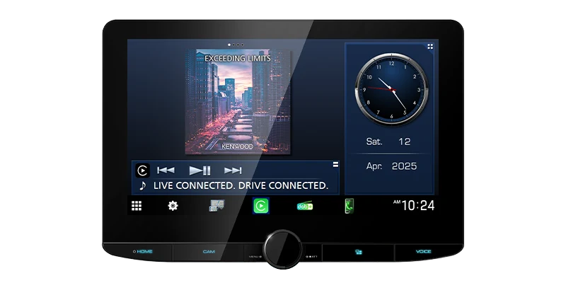 Kenwood DMX9724XDS 10.1-inch touchscreen showing split-screen music playback, clock and source controls
