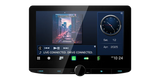 Kenwood DMX9724XDS 10.1-inch touchscreen showing split-screen music playback, clock and source controls