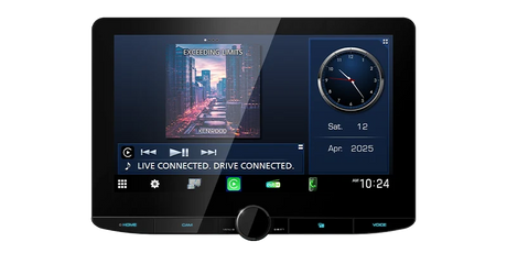 Kenwood DMX9724XDS 10.1-inch touchscreen showing split-screen music playback, clock and source controls