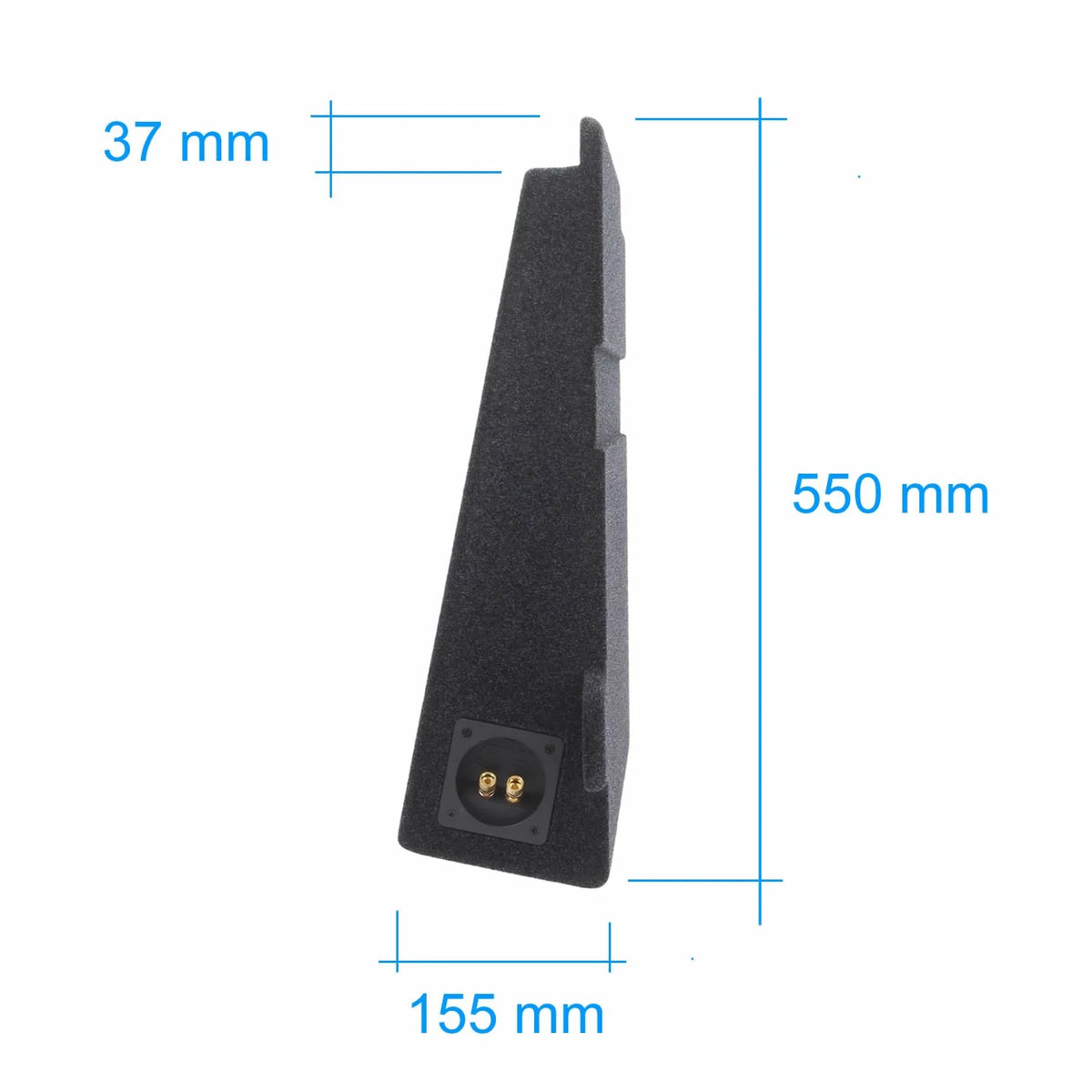 Toyota Hilux N80 subwoofer enclosure side profile showing 550 mm height, 155 mm base depth and 37 mm top offset