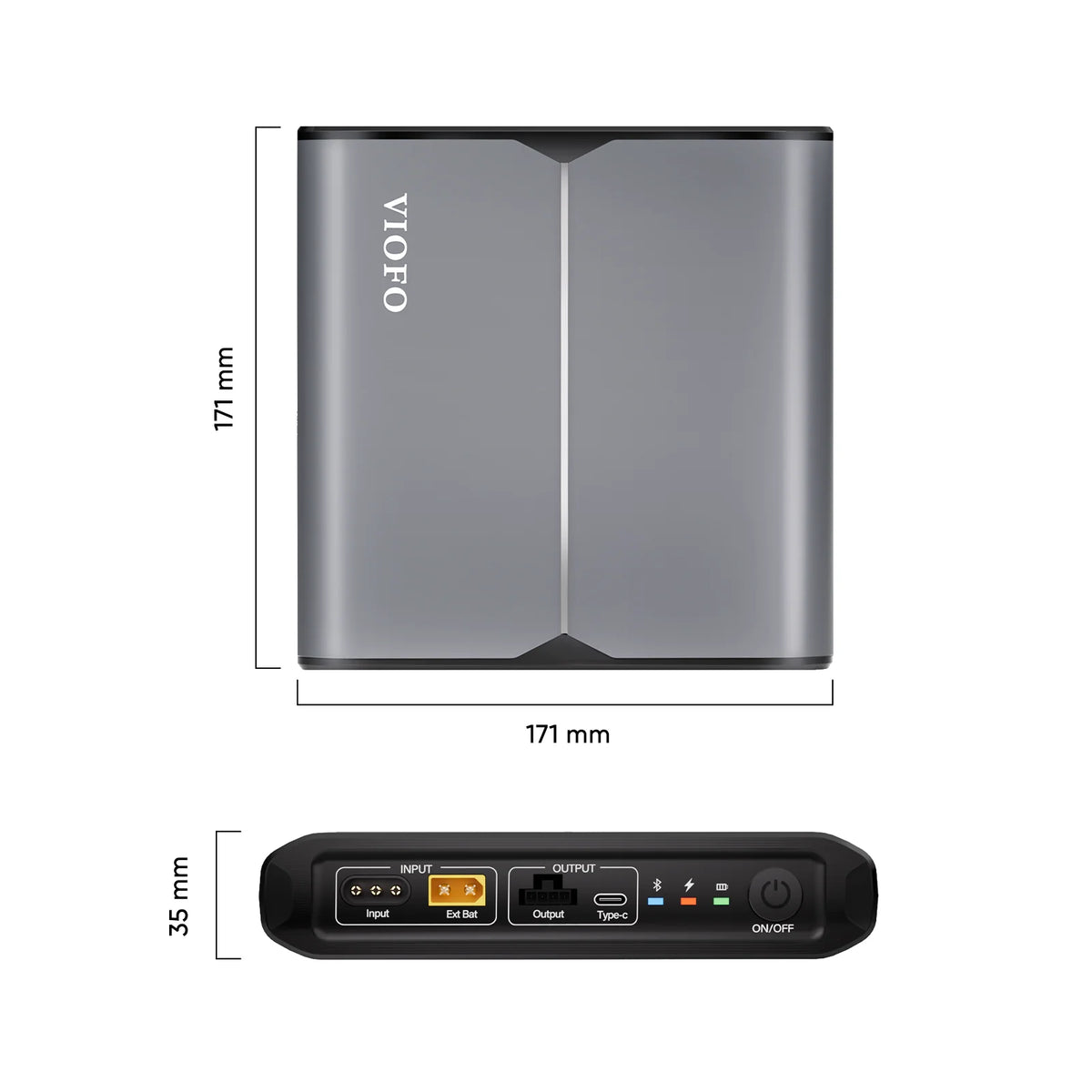 VIOFO BP100 battery pack dimension diagram showing a 171 x 171 mm footprint and 35 mm height