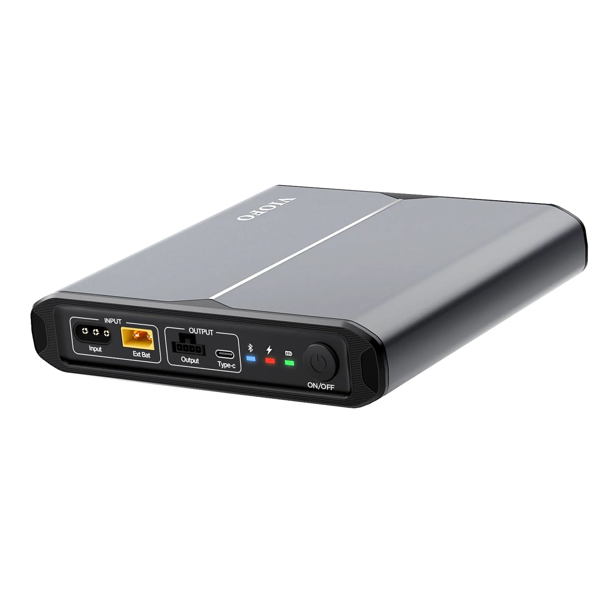 VIOFO BP100 LiFePO4 dash cam battery pack shown at an angle with input, output, USB-C and power controls