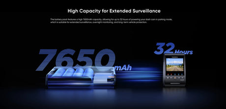 VIOFO BP100 7650mAh battery capacity graphic showing up to 32 hours of dash cam parking mode power