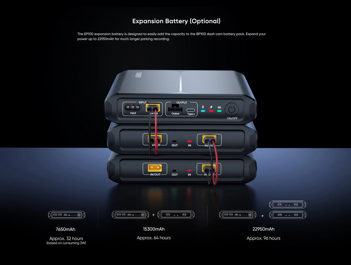 VIOFO BP100 with optional EP100 expansion batteries showing increased capacity and extended parking mode runtime