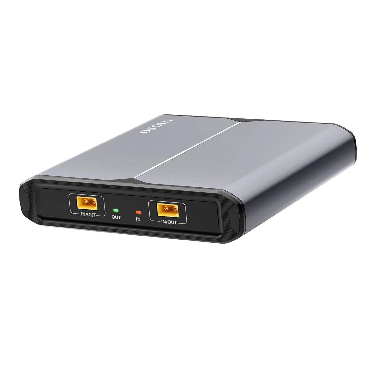 VIOFO EP100 expansion battery for the BP100 shown at an angle with IN/OUT ports and status indicators