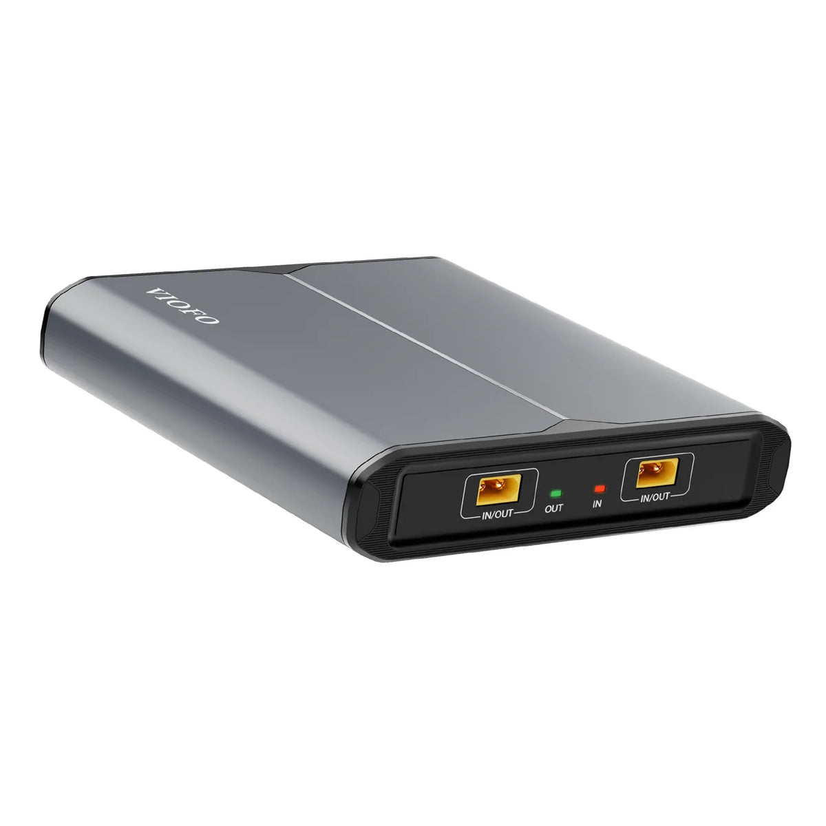 VIOFO EP100 BP100 expansion battery shown from the opposite angle with dual IN/OUT connection ports