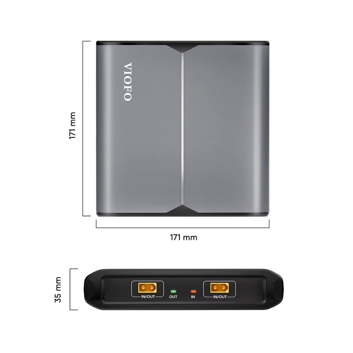 VIOFO EP100 expansion battery dimension diagram showing a 171 x 171 mm footprint and 35 mm height